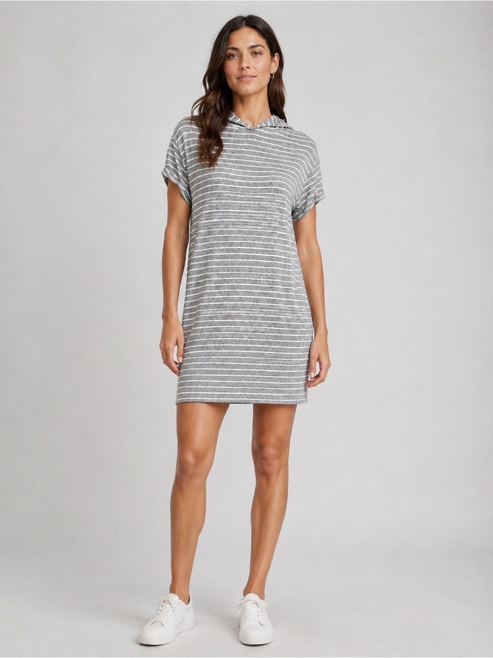 Lou & Grey Striped Knit Hoodie T Shirt Dress Soft Stretch Gray White Small